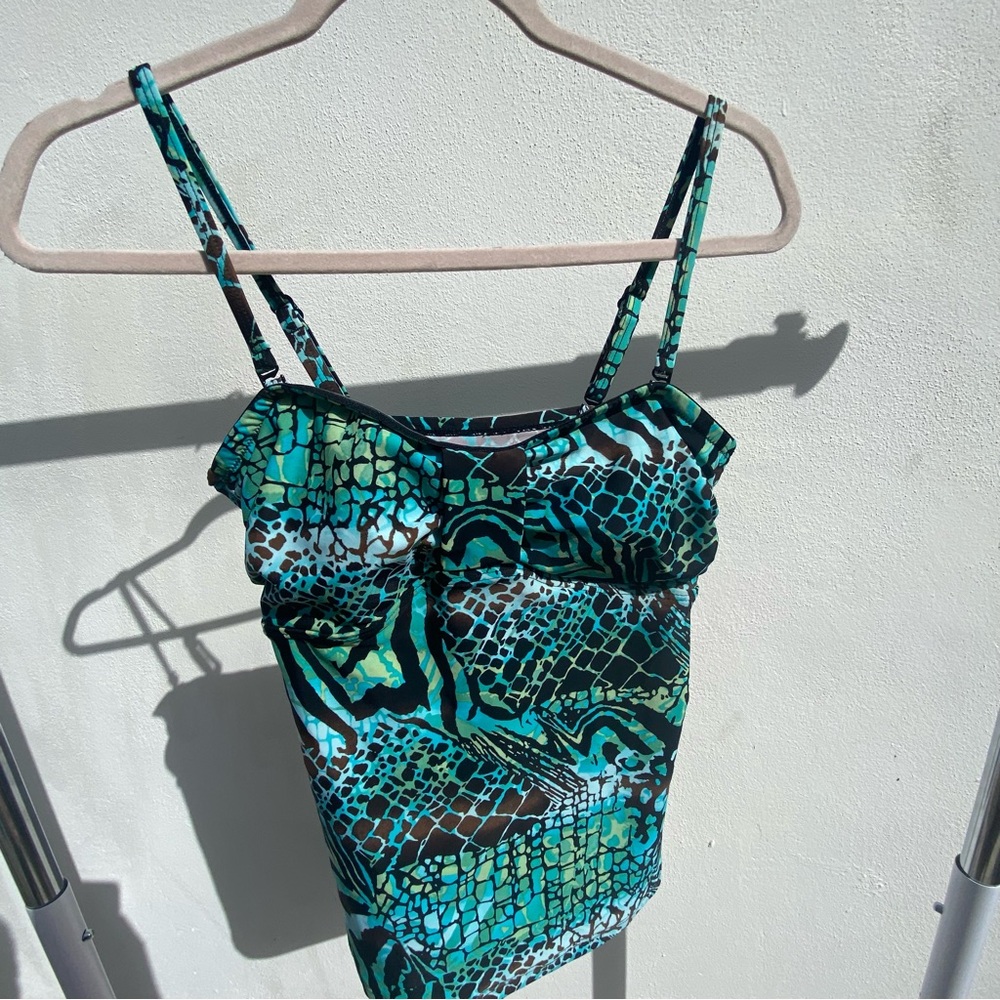 Y2K Blue Green Abstract Animal Print Tankini Swim Top Size 12 MEDIUM